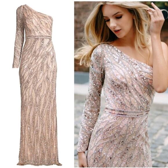 Mac Duggal Embellished One Shoulder Sequin Gown Rose Gold Size 10 NWT - Picture 1 of 14